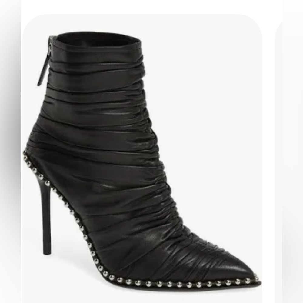 Alexander Wang Eri Black Ruched Pointed Ankle Boots with Silver Stud Trim